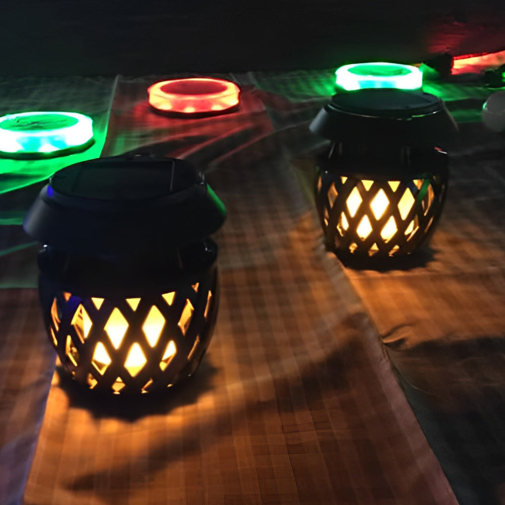 1. **LUXTON SOLAR FLAME GLOW LANTERN**  
   A portable outdoor lantern featuring a mesmerizing flickering flame effect, powered by solar energy and equipped with USB rechargeability for convenience.

2. **WILLOUGHBY RUSTIC FLAME LANTERN**  
   A charming