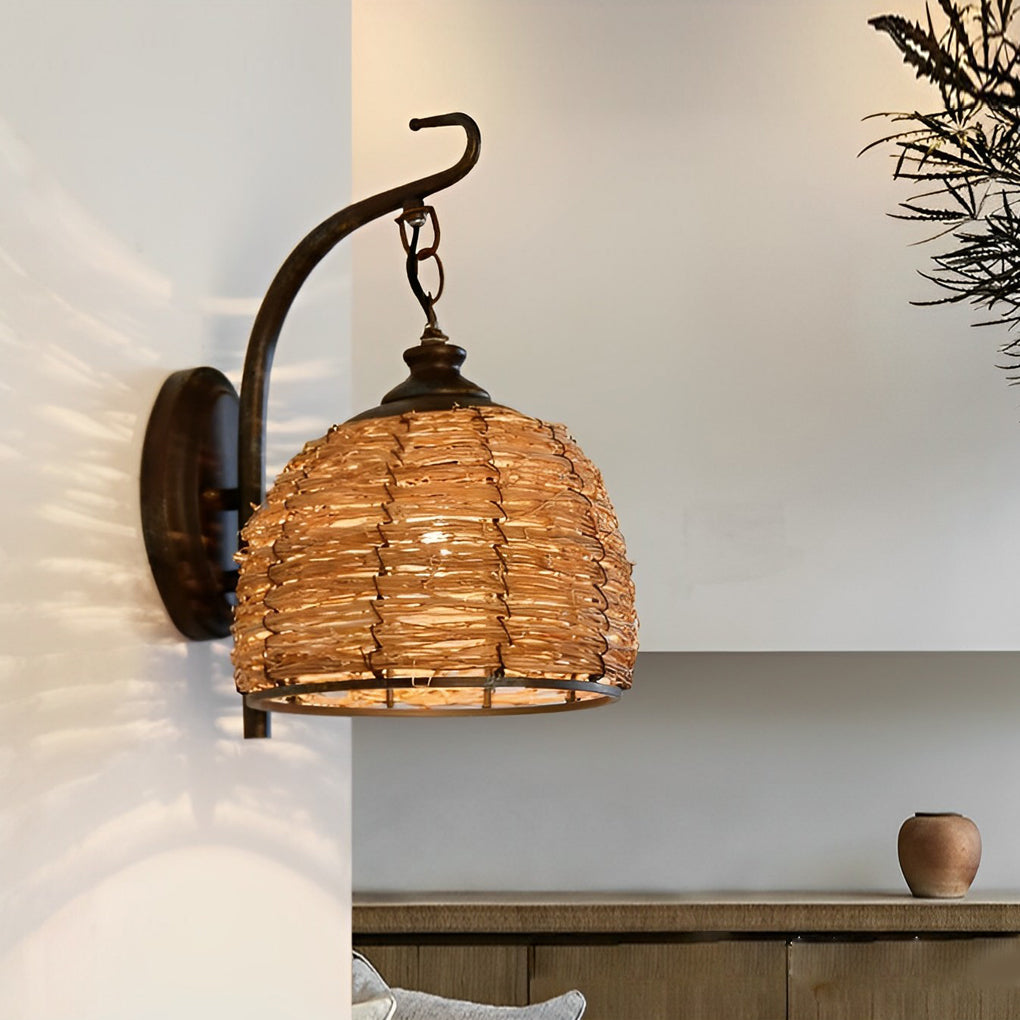 WINTHORPE WOVEN RATTAN IRON WALL SCONCE