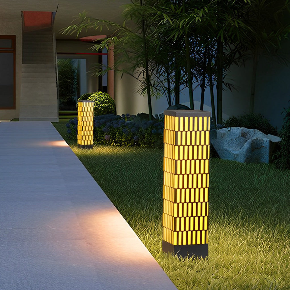 WINDSOR BLACK GRID LED GARDEN BOLLARD LIGHTING, MODERN WATER-RESISTANT OUTDOOR LAMP