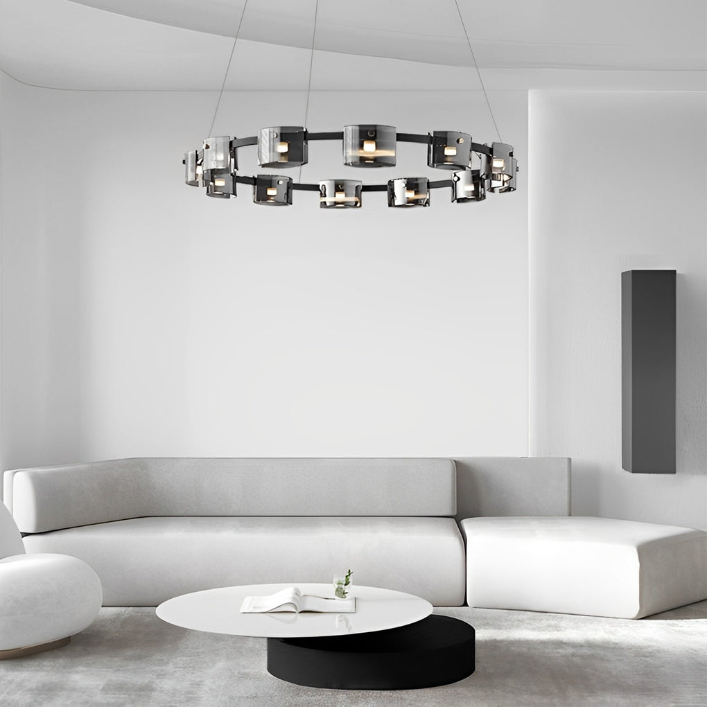 RAVENSCROFT CIRCULAR GLASS DIMMER CHANDELIER WITH MEMORY SETTINGS