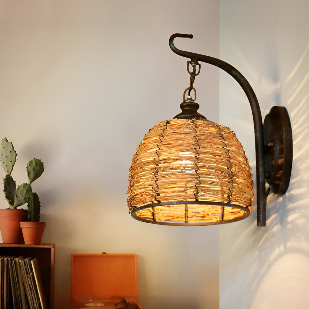 WINTHORPE WOVEN RATTAN IRON WALL SCONCE
