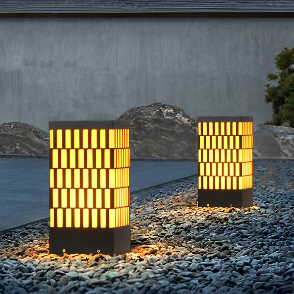 WINDSOR BLACK GRID LED GARDEN BOLLARD LIGHTING, MODERN WATER-RESISTANT OUTDOOR LAMP