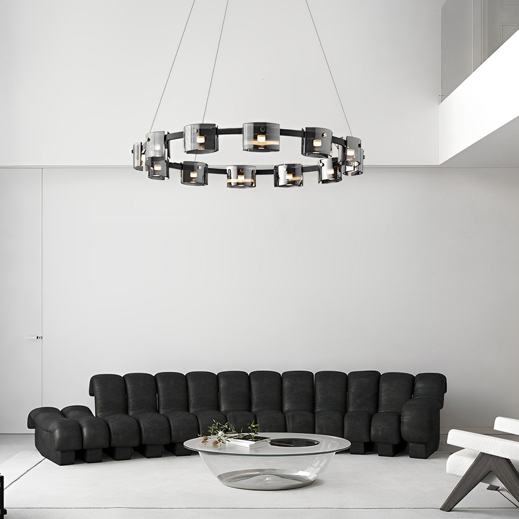 RAVENSCROFT CIRCULAR GLASS DIMMER CHANDELIER WITH MEMORY SETTINGS