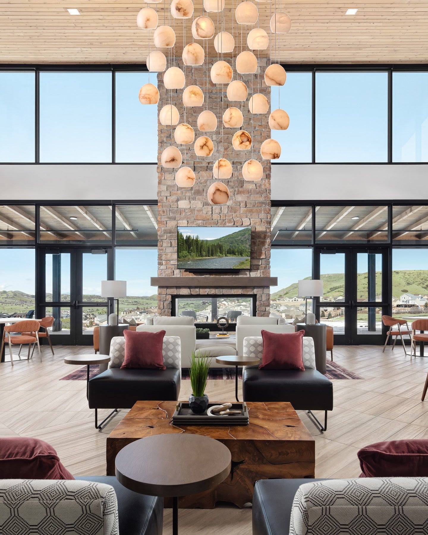 VIVIENNE LUMINAIRE WITH NATURAL ALABASTER GLOBE SHADES FOR GRAND SPACES