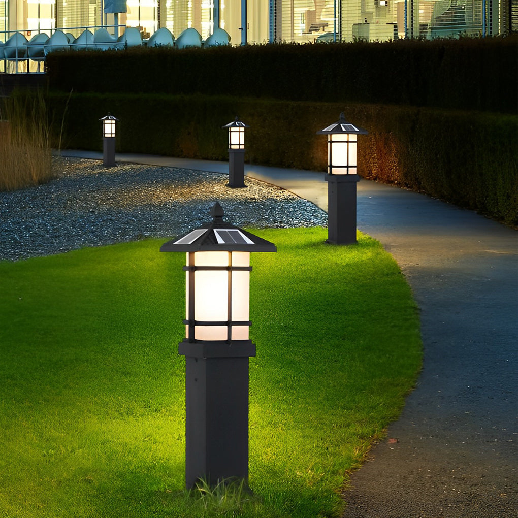 CHENWEN SOLAR-POWERED BOLLARD LIGHT WITH TRADITIONAL ASIAN CANOPY, WEATHER-RESISTANT OUTDOOR LUMINAIRE