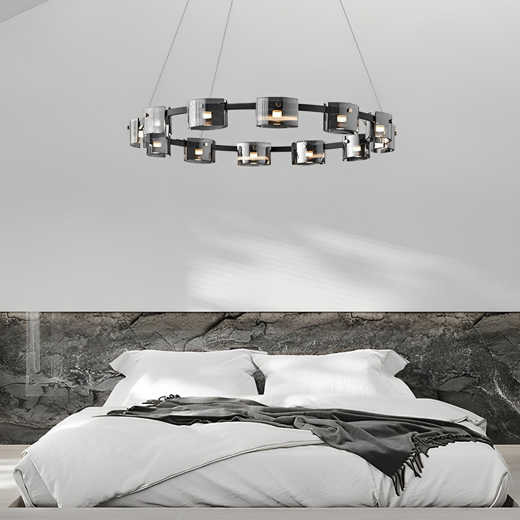 RAVENSCROFT CIRCULAR GLASS DIMMER CHANDELIER WITH MEMORY SETTINGS