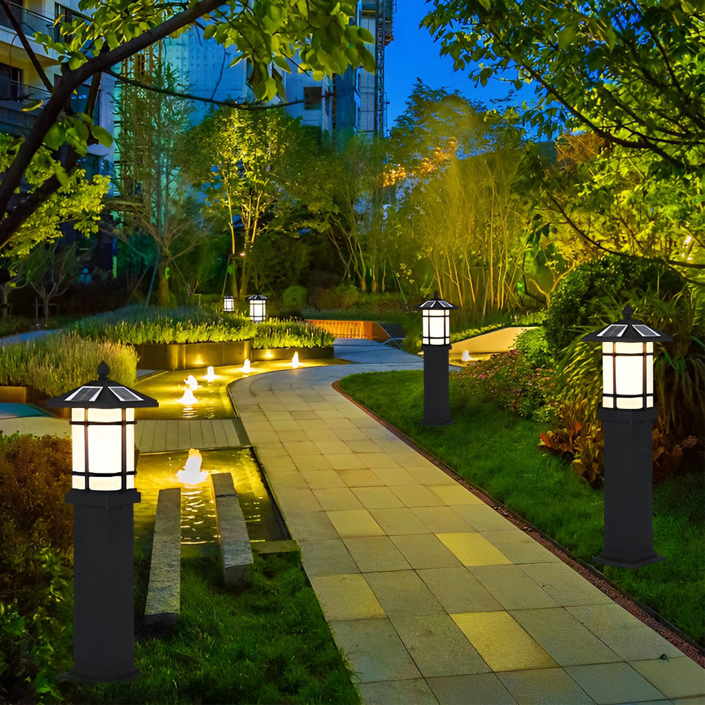 CHENWEN SOLAR-POWERED BOLLARD LIGHT WITH TRADITIONAL ASIAN CANOPY, WEATHER-RESISTANT OUTDOOR LUMINAIRE