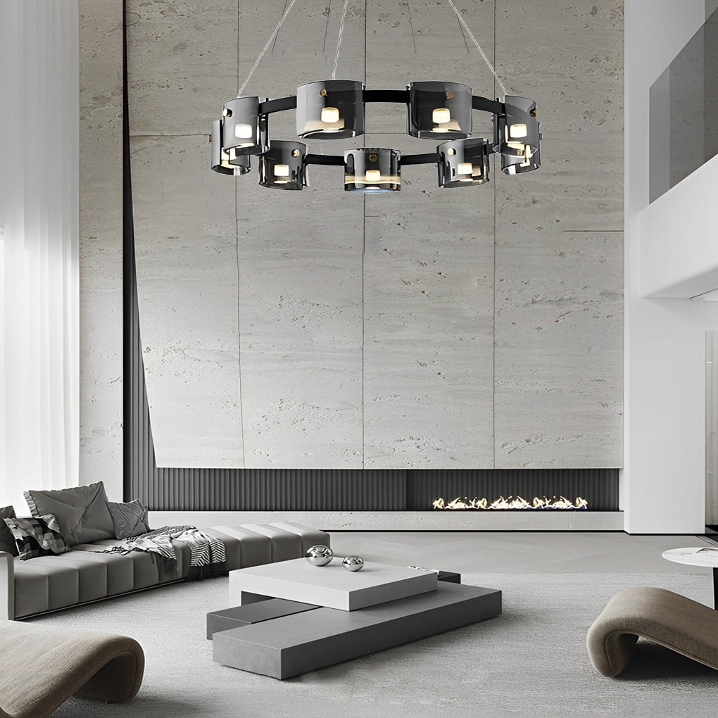 RAVENSCROFT CIRCULAR GLASS DIMMER CHANDELIER WITH MEMORY SETTINGS