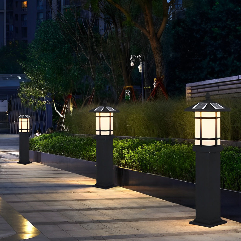 CHENWEN SOLAR-POWERED BOLLARD LIGHT WITH TRADITIONAL ASIAN CANOPY, WEATHER-RESISTANT OUTDOOR LUMINAIRE