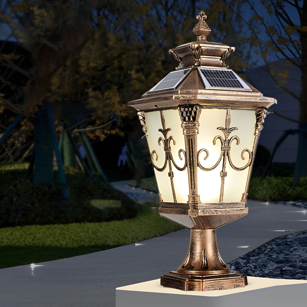 WINDSOR SOLAR GARDEN POST LANTERNS WITH VINTAGE PATTERNED SHADES