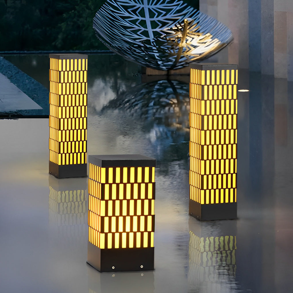 WINDSOR BLACK GRID LED GARDEN BOLLARD LIGHTING, MODERN WATER-RESISTANT OUTDOOR LAMP