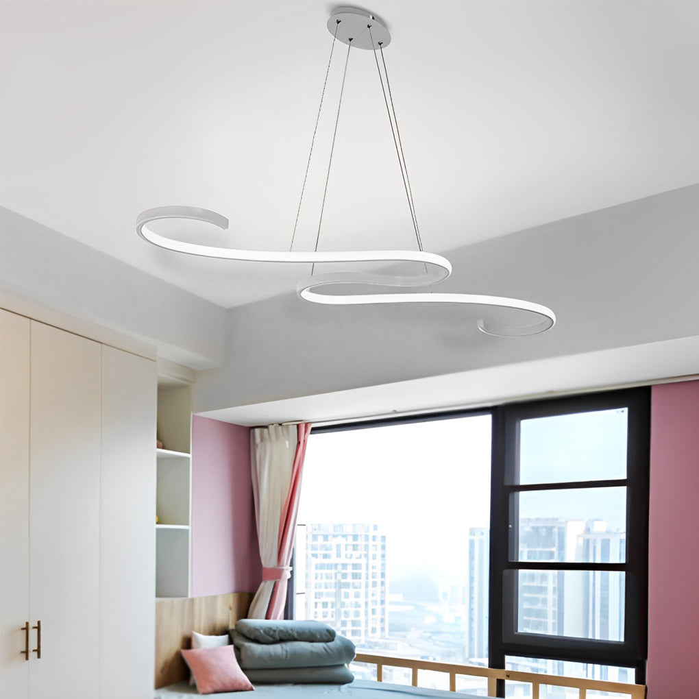 1. "HARTLEY WAVING SILHOUETTE LED CHANDELIER"  
   - Features fluid, undulating lines that create a dynamic visual effect with stepless dimming functionality.

2. "WINCHESTER FLUID FORM LED LIGHTING"  
   - Showcases a minimalist design with gracefully cu