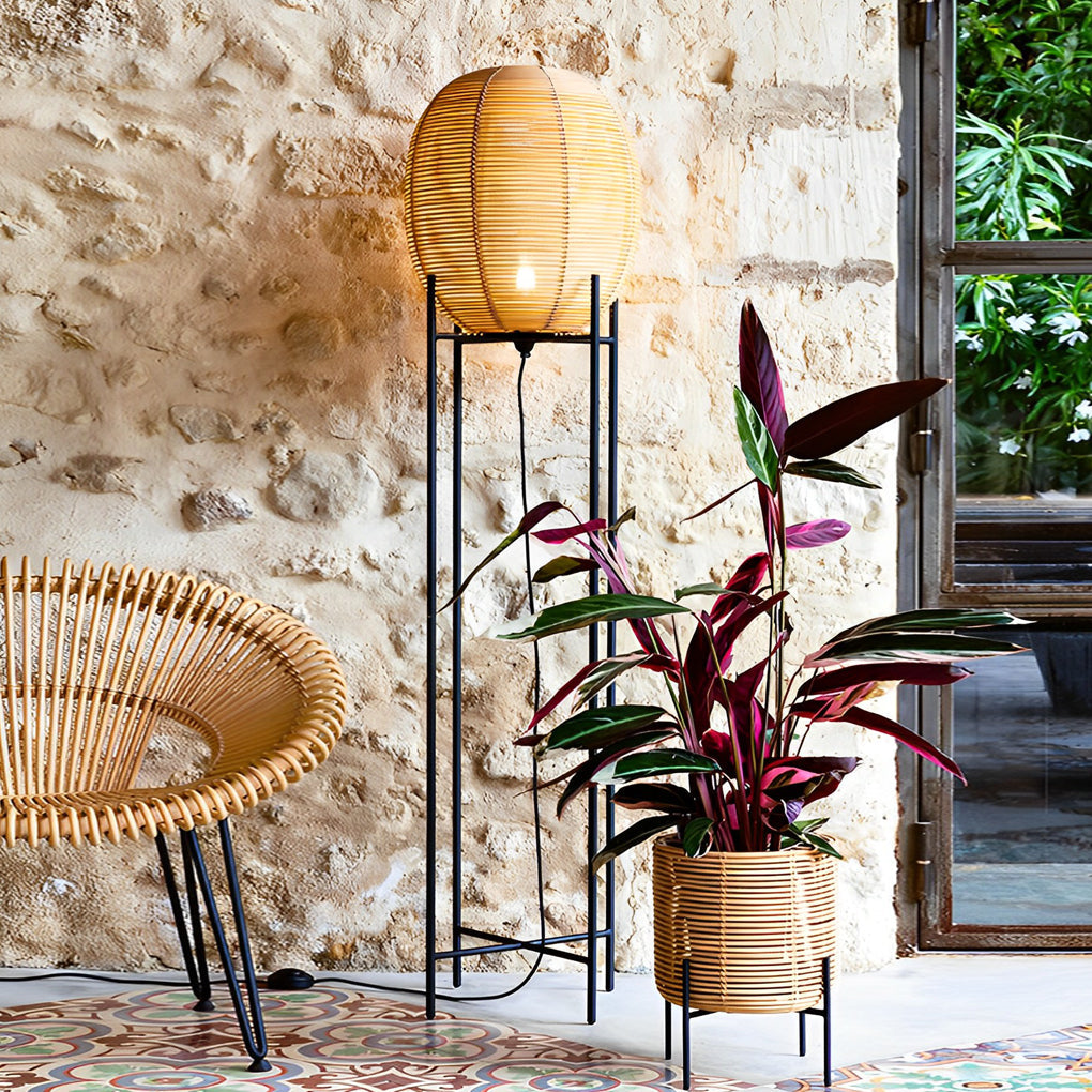 WINCHESTER WOVEN RATTAN AND IRON FLOOR LANTERN