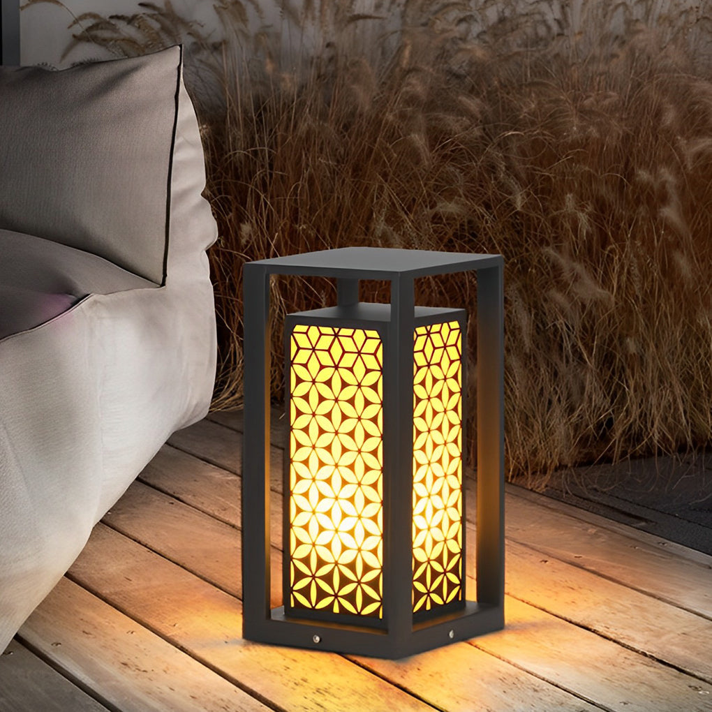 WINDSOR BLOOM GARDEN LANTERN, MODERN FLORAL LED PATH LIGHTING IN BLACK
