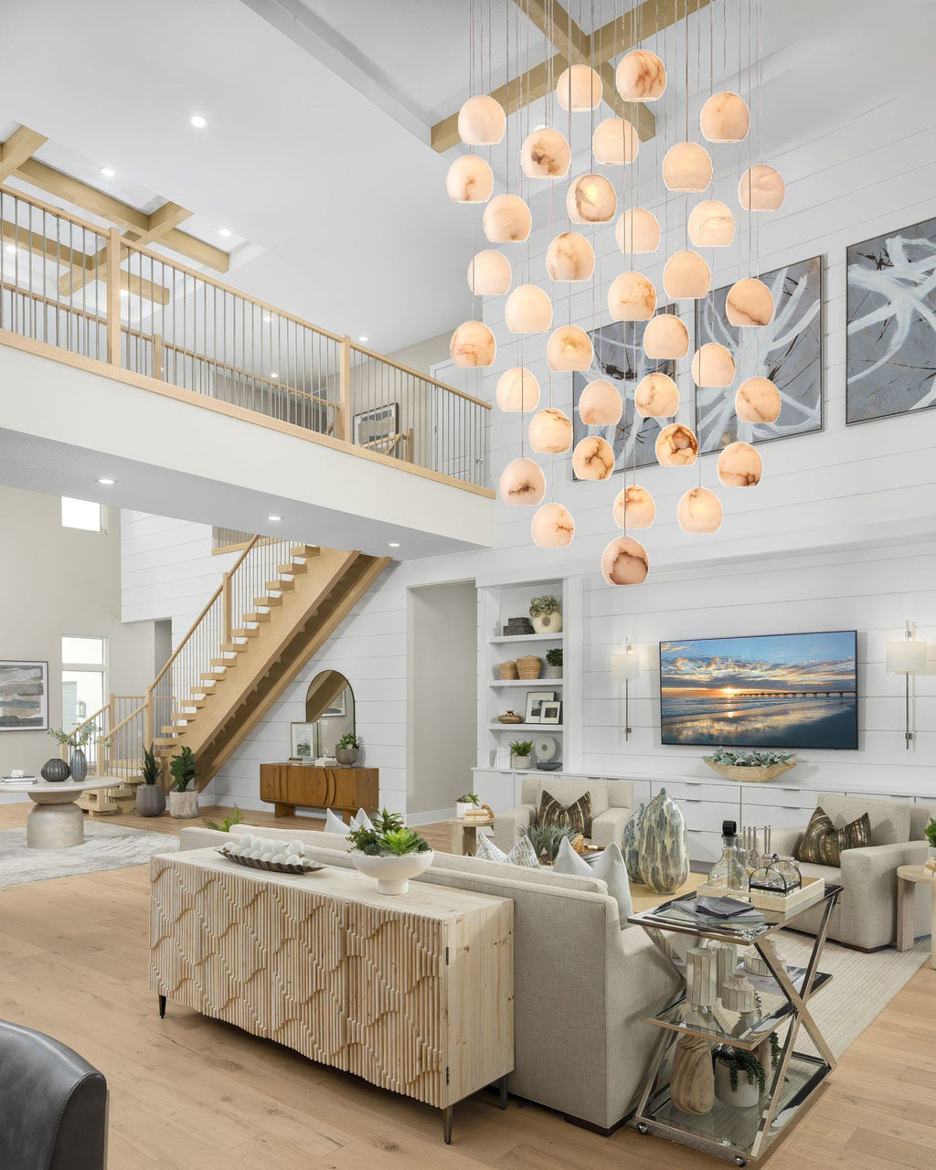 VIVIENNE LUMINAIRE WITH NATURAL ALABASTER GLOBE SHADES FOR GRAND SPACES