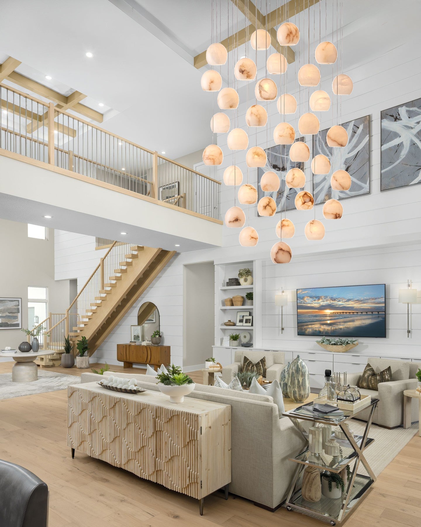 VIVIENNE LUMINAIRE WITH NATURAL ALABASTER GLOBE SHADES FOR GRAND SPACES