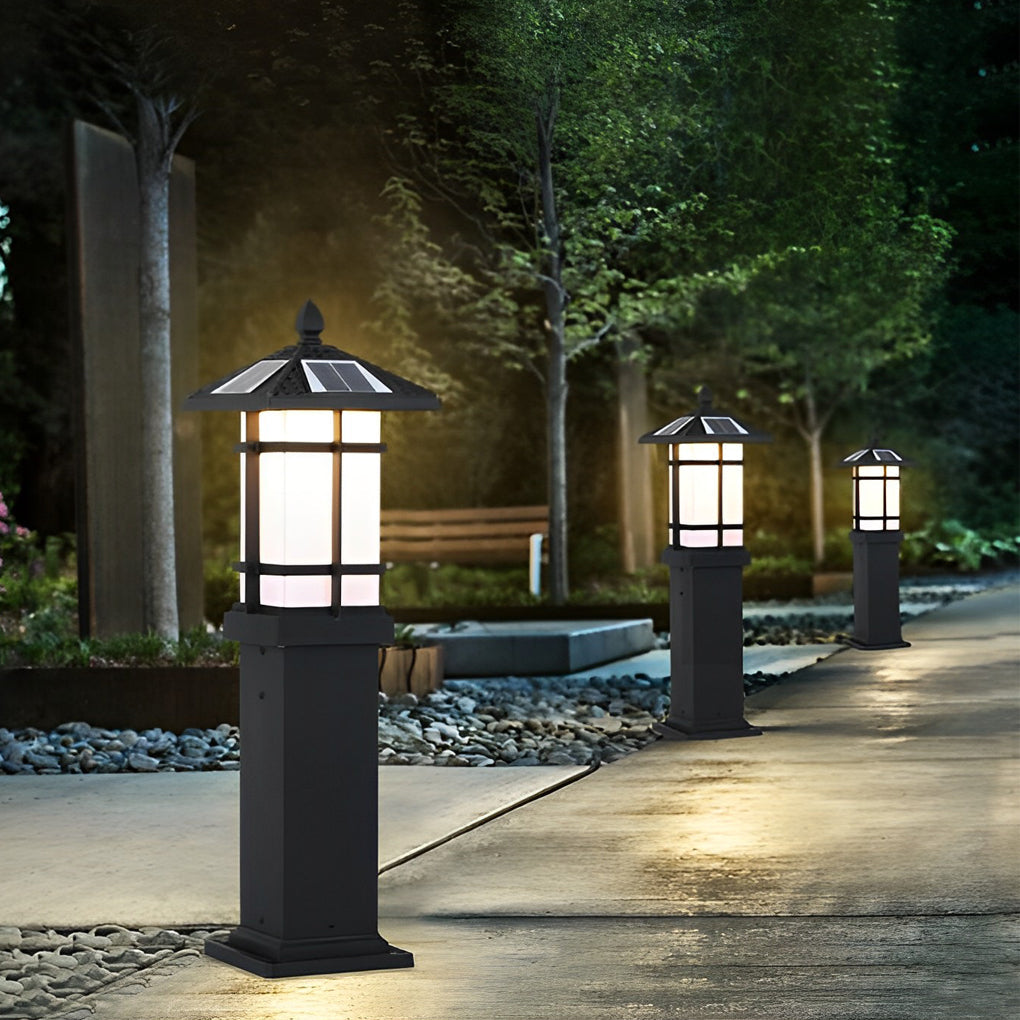 CHENWEN SOLAR-POWERED BOLLARD LIGHT WITH TRADITIONAL ASIAN CANOPY, WEATHER-RESISTANT OUTDOOR LUMINAIRE