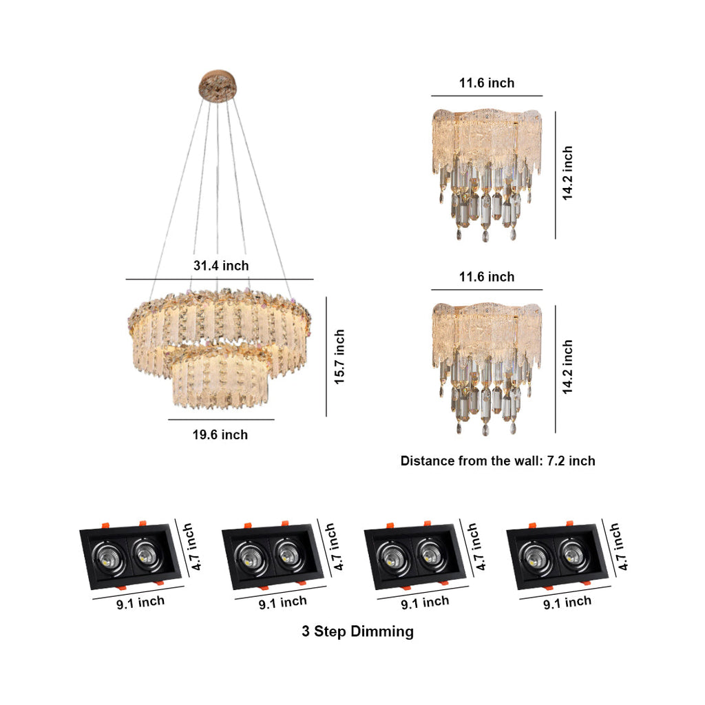 BRAMBLETON CRYSTAL TEARDROP CHANDELIER, "WILLOUGHBY IRON TWISTED WALL SCONCE", "HARTFIELD LUMINOUS RECESSED CEILING SPOTLIGHT