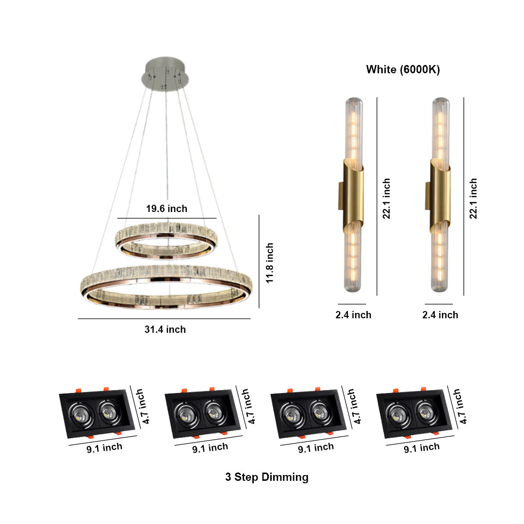 WINDSOR CRYSTAL DRUM CHANDELIER, BROMLEY HORIZONTAL FLAME SCONCES & KENSINGTON SLEEK RECESSED LIGHTS