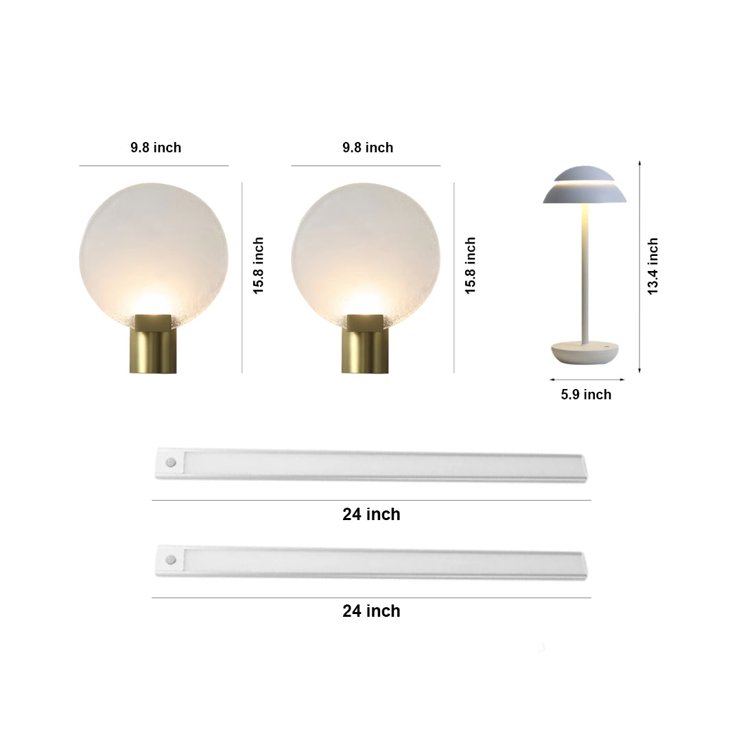 WINTHORPE CRYSTAL WALL SCONCES, LAVERTON TAPERED TABLE LAMP & HARTFIELD UNDER-BED GLOW STRIP
