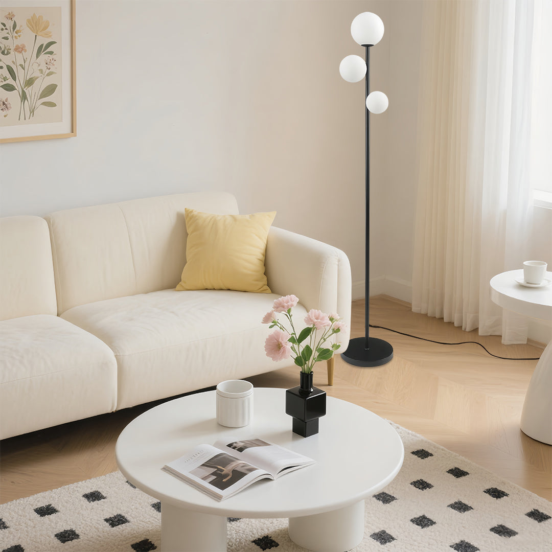 WINTHROP TRIO SPHERE FLOOR LIGHTING IN GILDED BLACK AND WHITE