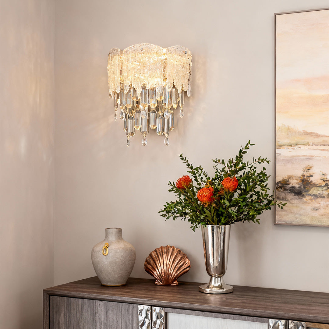 BRAMBLETON CRYSTAL TEARDROP CHANDELIER, "WILLOUGHBY IRON TWISTED WALL SCONCE", "HARTFIELD LUMINOUS RECESSED CEILING SPOTLIGHT