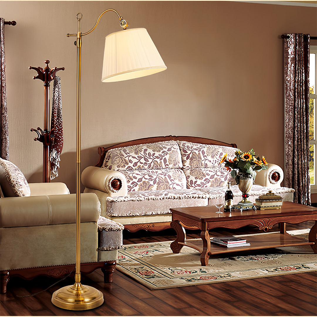 BRAMBLETON COPPER ARCHING LAMP WITH FABRIC SHADE
