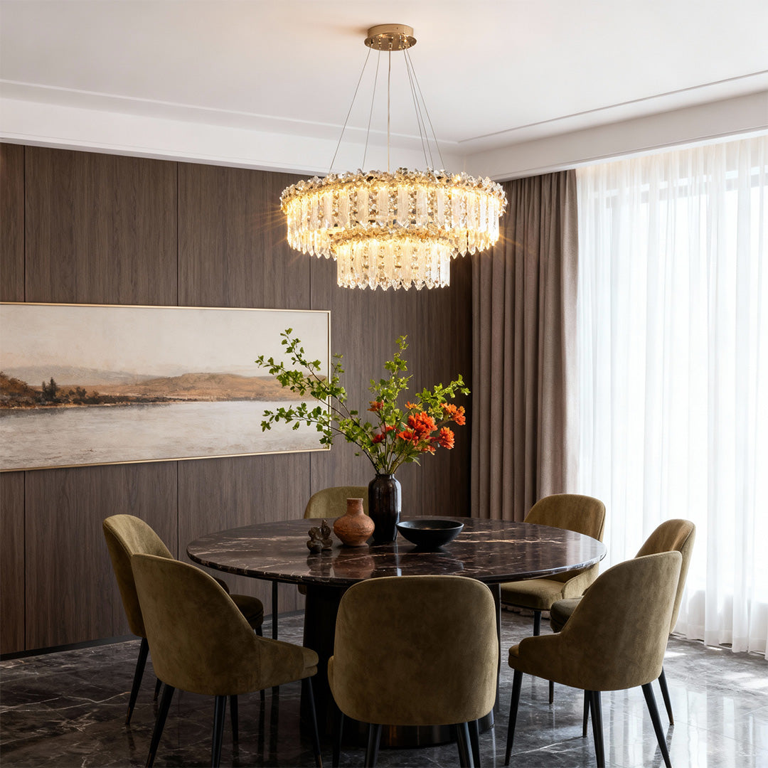 BRAMBLETON CRYSTAL TEARDROP CHANDELIER, "WILLOUGHBY IRON TWISTED WALL SCONCE", "HARTFIELD LUMINOUS RECESSED CEILING SPOTLIGHT
