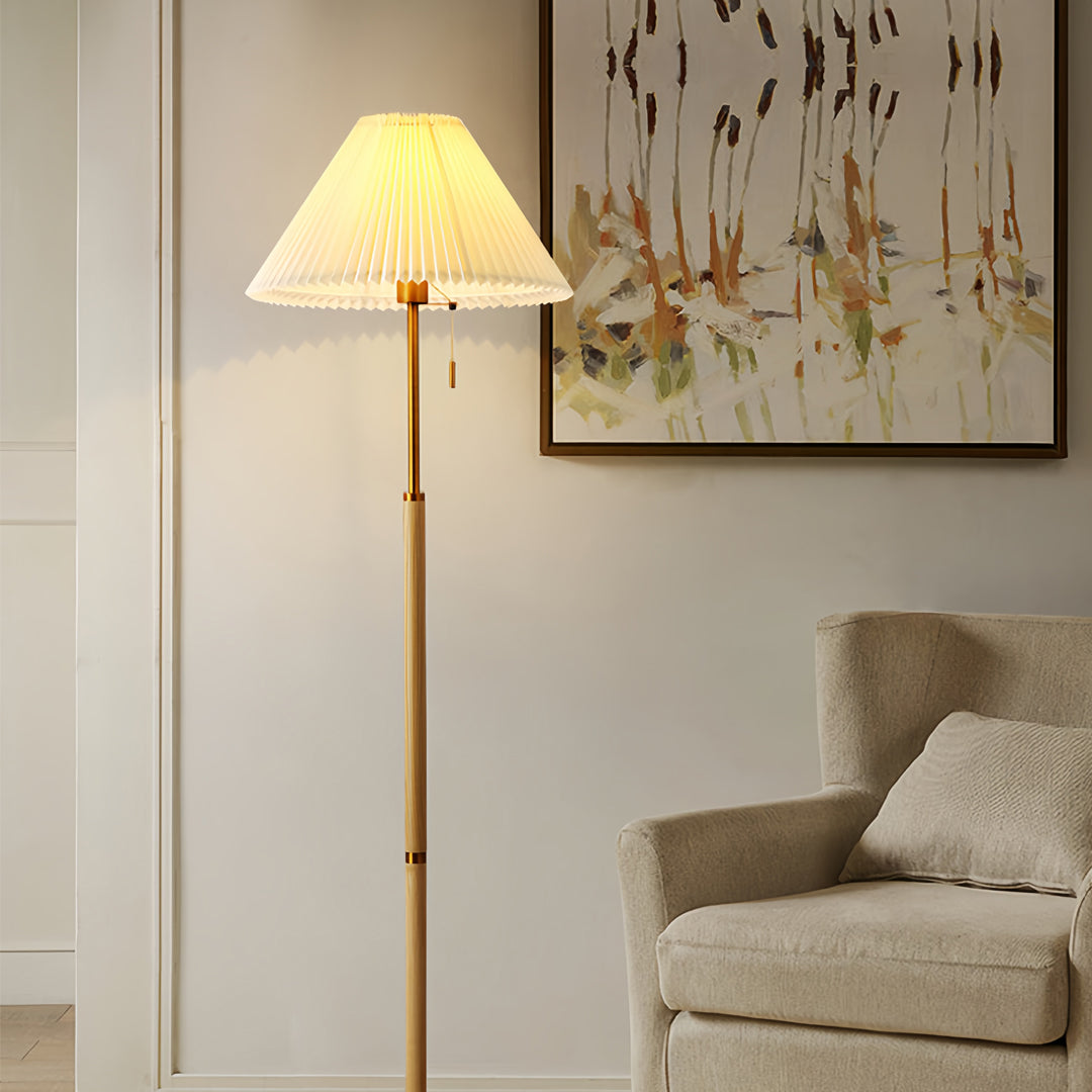 FENWICK WOODEN FLOOR LANTERN WITH PLEATED TEXTILE SHADE