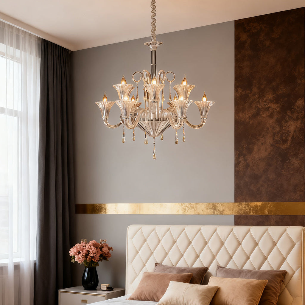 1. **LAVENDULA CRYSTAL SPIRAL CHANDELIER** - A stunning cascade of hand-blown glass in soft lavender hues, designed to illuminate spaces with a graceful twist.

2. **WILLOWSHIRE ARTISAN GLASS CEILING LANTERN** - A captivating blend of intricate glasswork