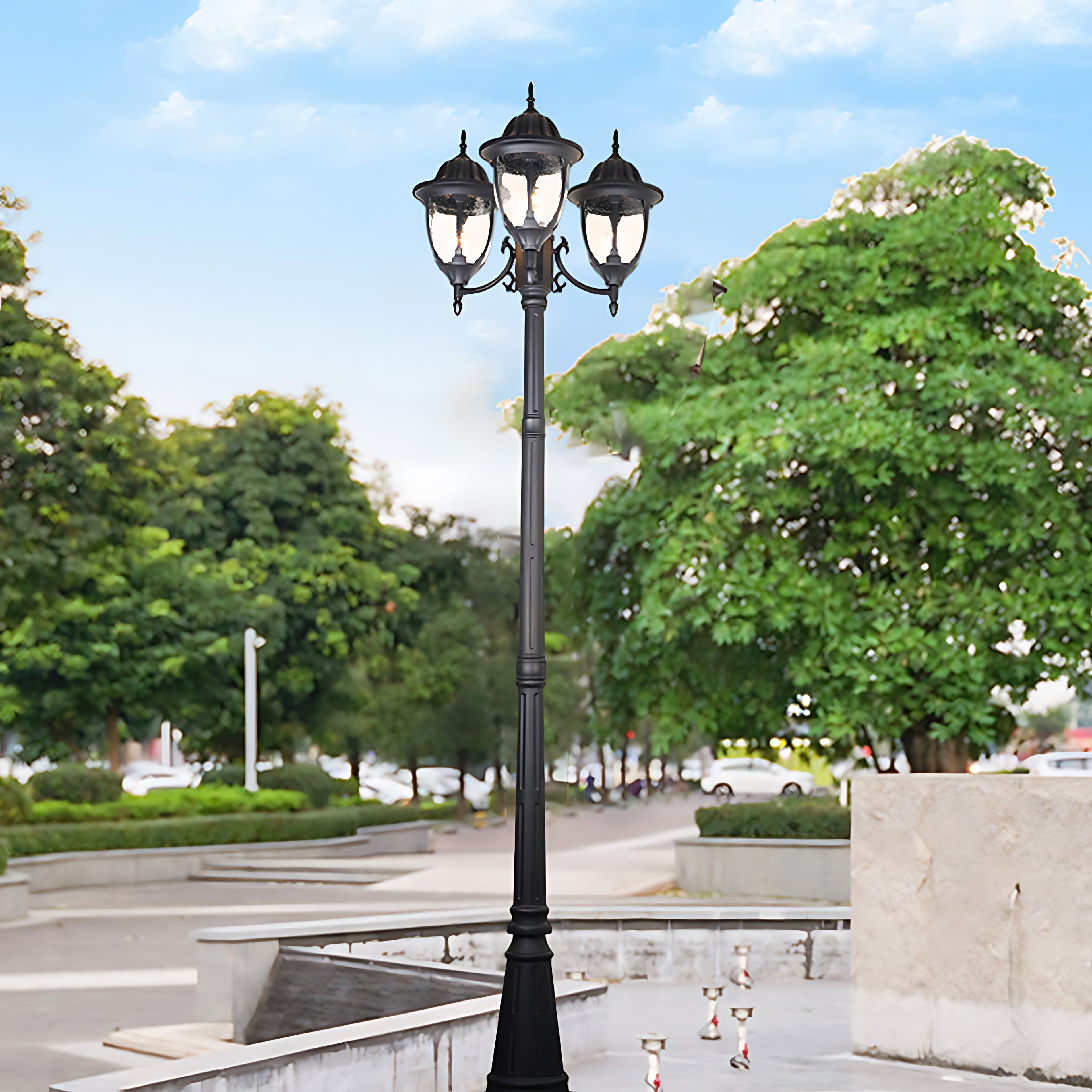 CHATHAM TRIPLE-ARMED OUTDOOR LANTERN, WEATHER-RESISTANT ALUMINUM, EUROPEAN INFLUENCE