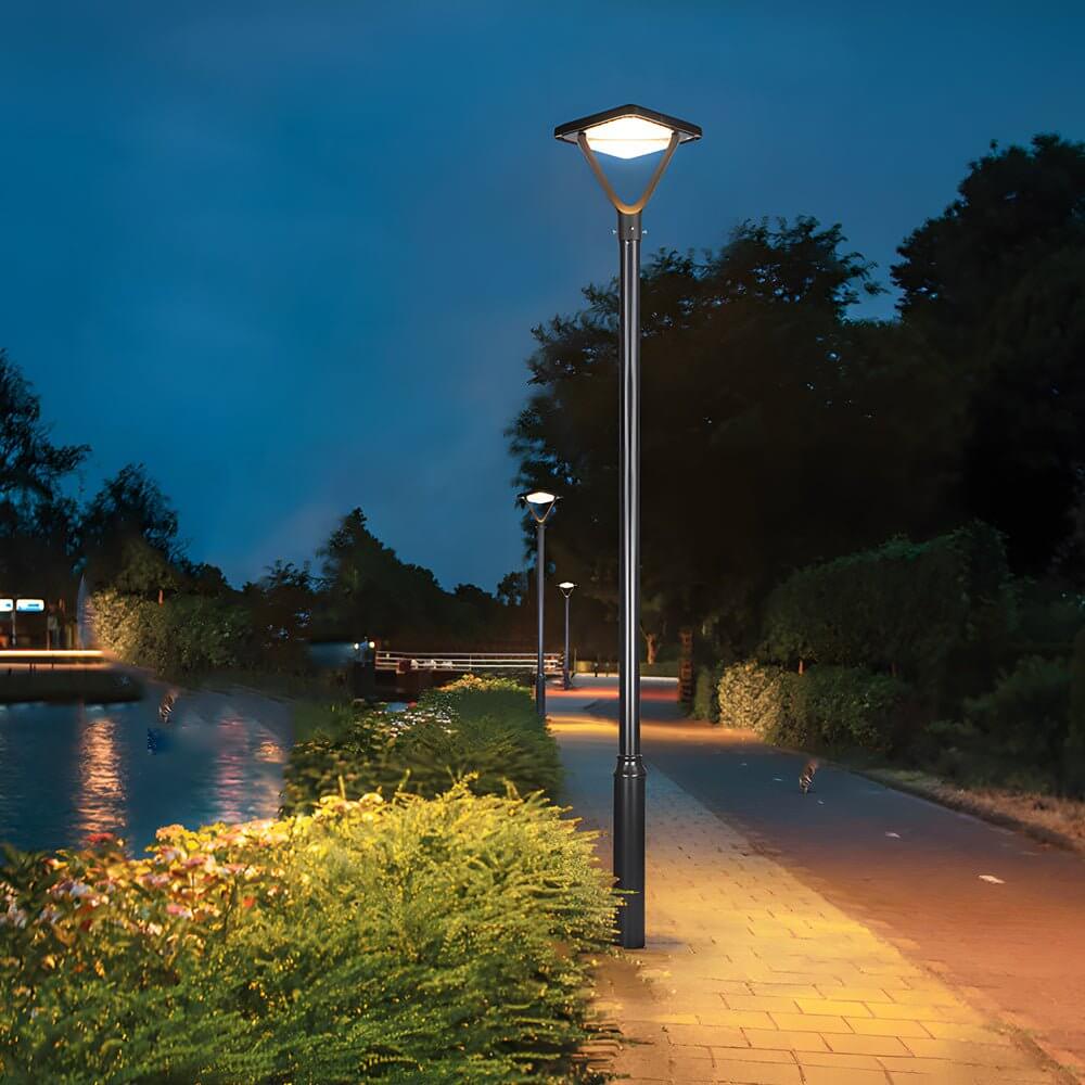 1. **WINSLOW SOLAR ILLUMINATION POST**  
   A refined solar lamp post designed to enhance outdoor spaces with a soft, ambient glow, featuring a sleek black finish and durable construction.

2. **HARTFIELD NIGHTSCAPE LANTERN**  
   This sophisticated stree