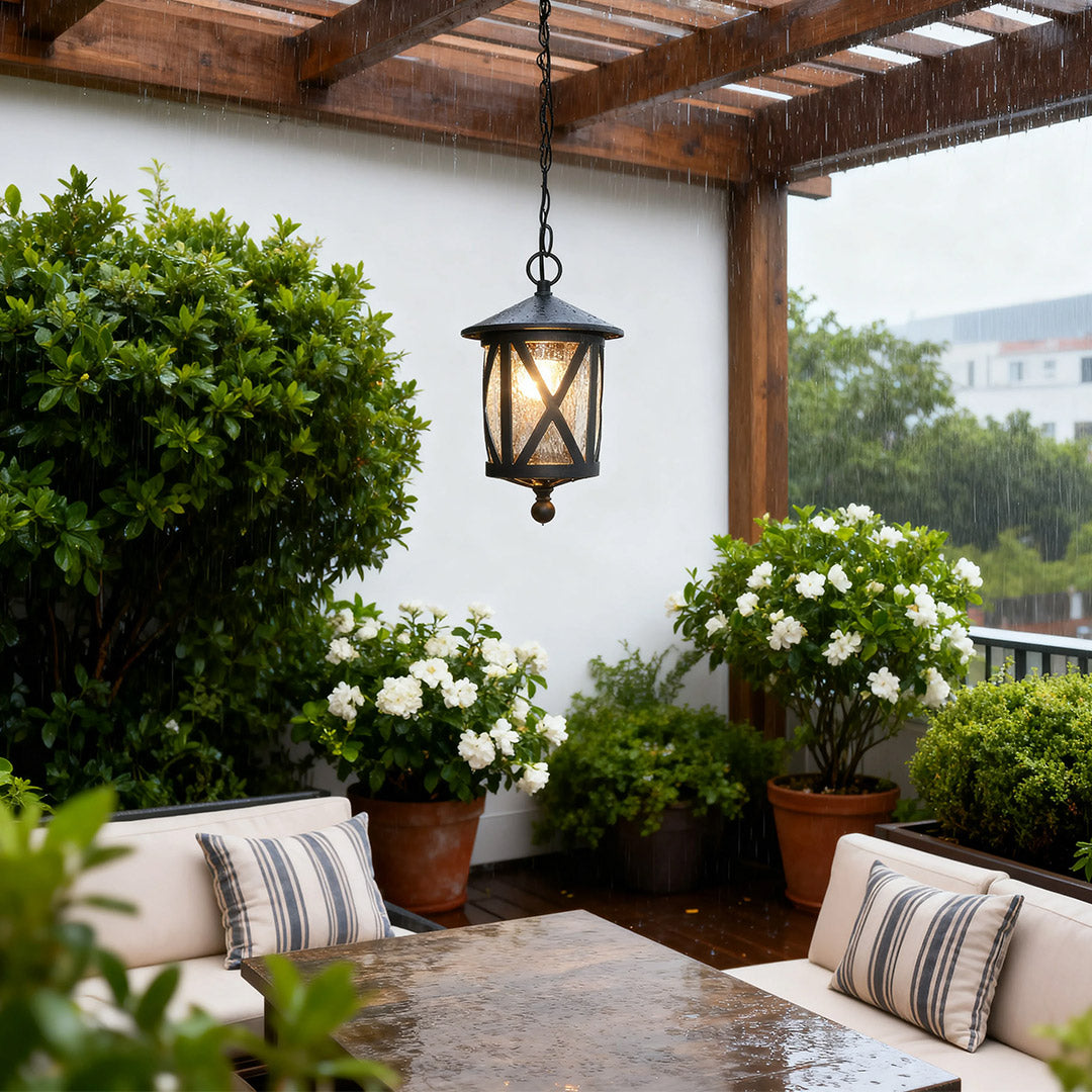 RAVENSWOOD BLACK IRON HANGING LANTERN WITH ADJUSTABLE CHAIN