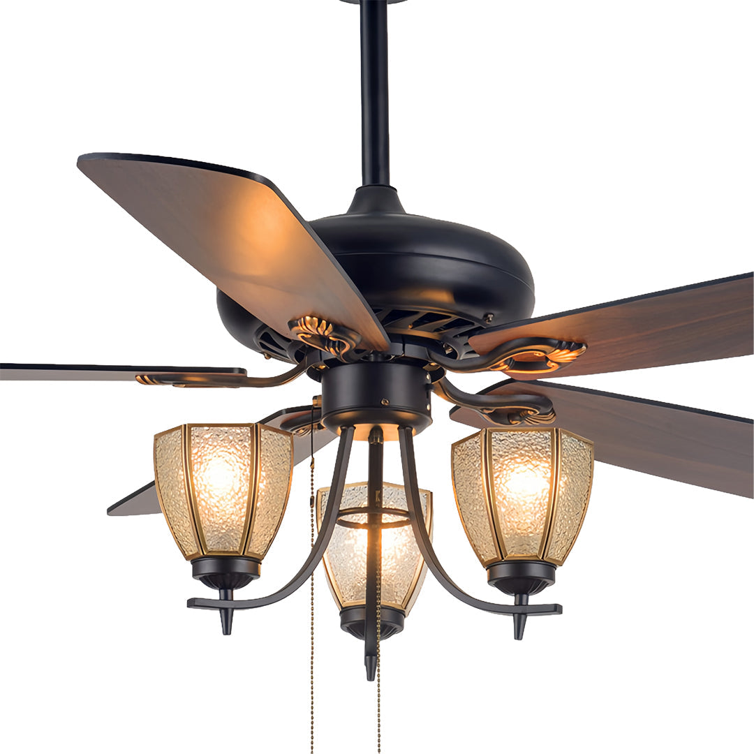 1. **WILLOUGHBY WOODEN BLADES CEILING LIGHTING FAN**  
   A charming ceiling fan featuring a rich wood grain finish and integrated lighting for a warm ambiance.

2. **FARNHAM RUSTIC AIRFLOW LAMP FAN**  
   A vintage-inspired fan with a dark wood aesthetic