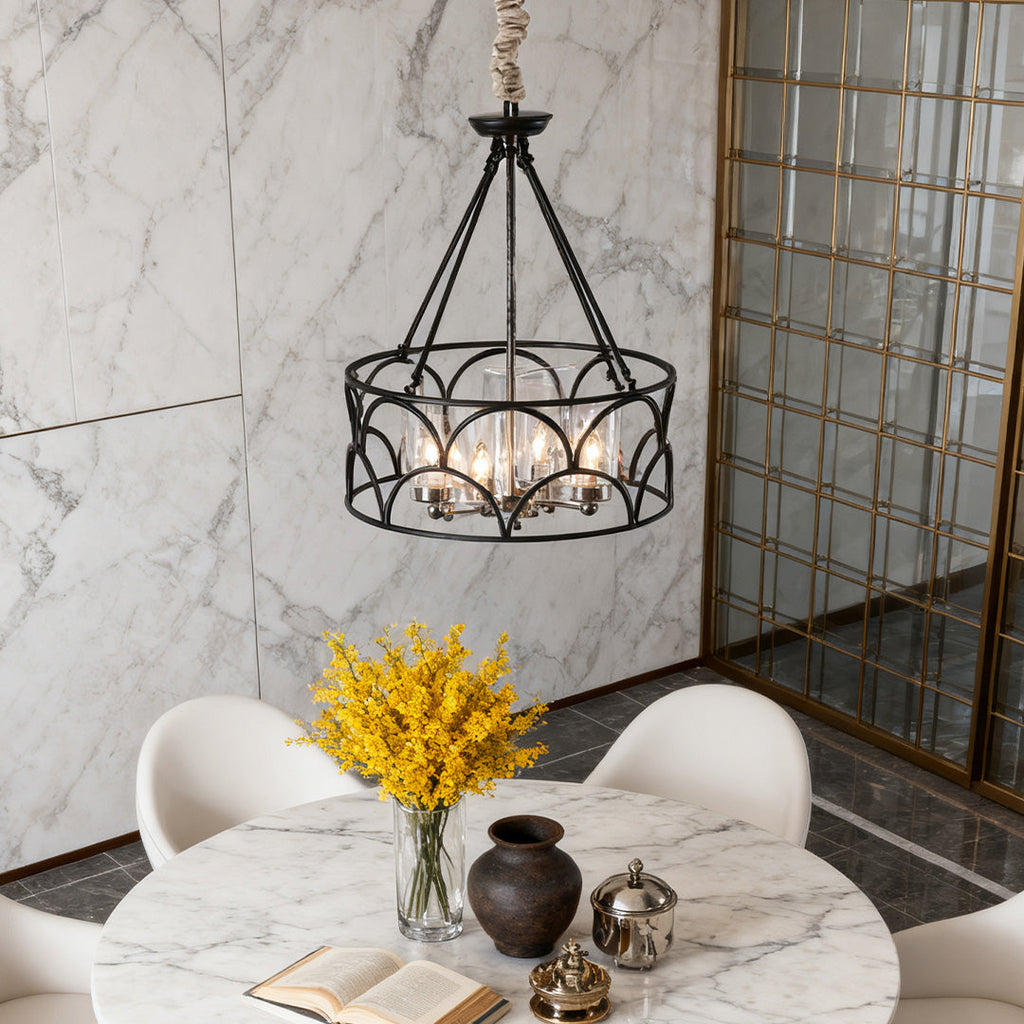 WINTHROP VINTAGE BLACK METAL AND GLASS CEILING CHANDELIER