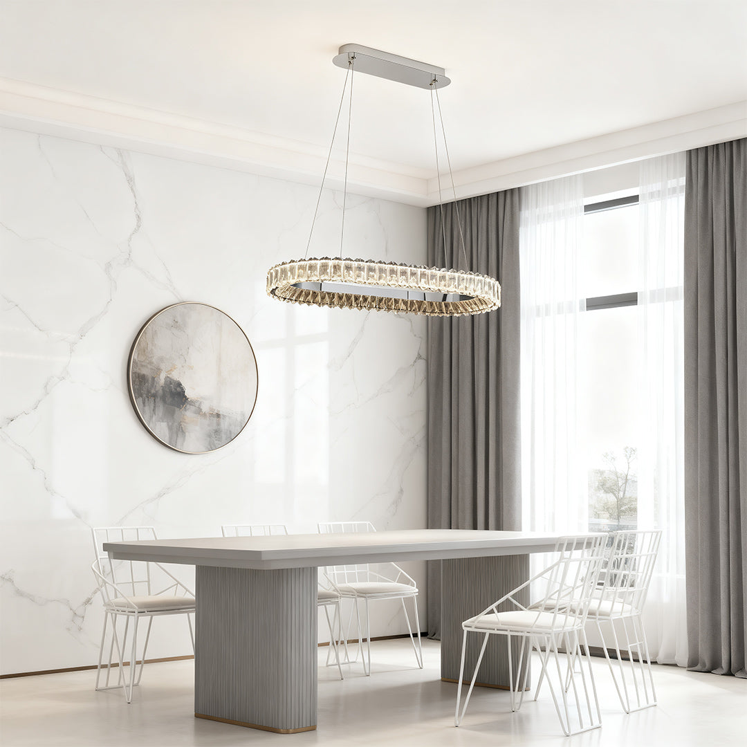 "HALCYON RINGED CEILING LUMINAIRE"  
This sophisticated fixture features a sleek, circular design that embodies minimalist luxury, casting a warm glow while enhancing the ambiance of any space.
