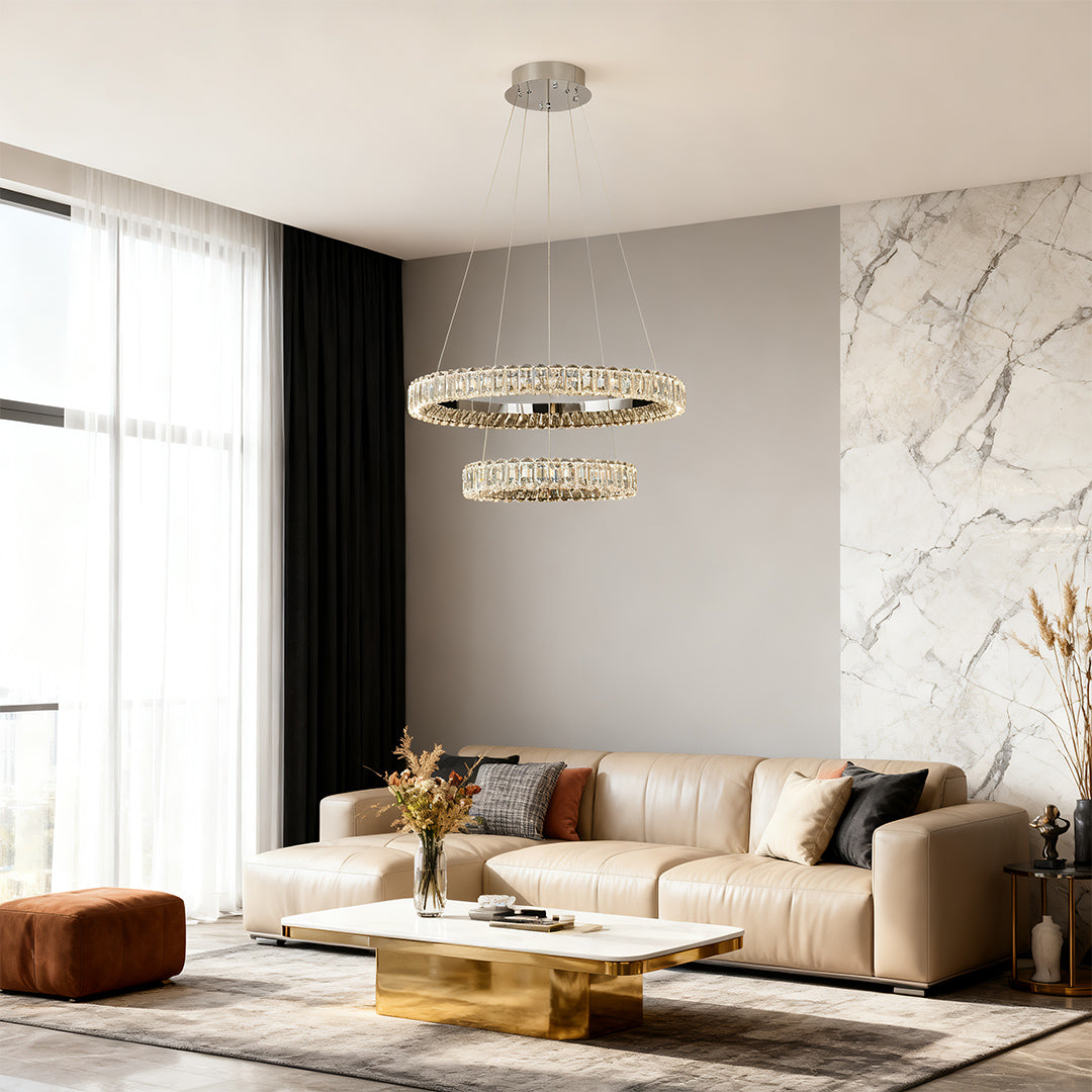 "HALCYON RINGED CEILING LUMINAIRE"  
This sophisticated fixture features a sleek, circular design that embodies minimalist luxury, casting a warm glow while enhancing the ambiance of any space.