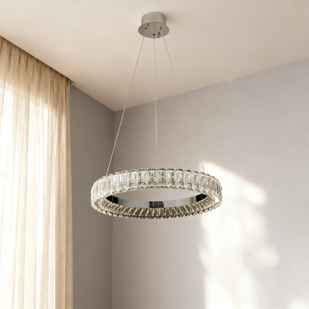 "HALCYON RINGED CEILING LUMINAIRE"  
This sophisticated fixture features a sleek, circular design that embodies minimalist luxury, casting a warm glow while enhancing the ambiance of any space.