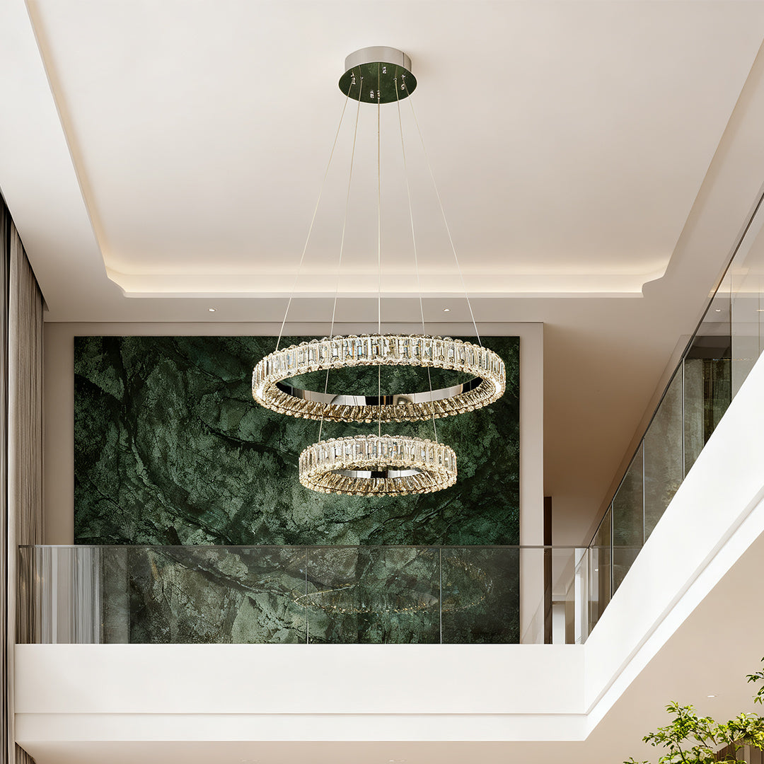 "HALCYON RINGED CEILING LUMINAIRE"  
This sophisticated fixture features a sleek, circular design that embodies minimalist luxury, casting a warm glow while enhancing the ambiance of any space.