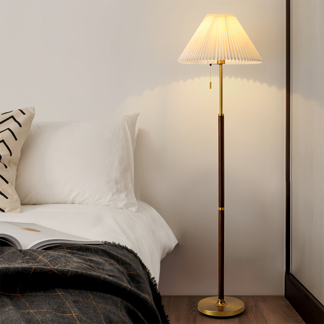 FENWICK WOODEN FLOOR LANTERN WITH PLEATED TEXTILE SHADE