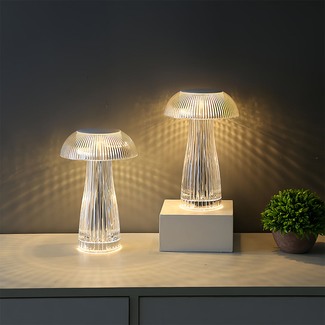 1. **WILLOUGHBY ILLUMINATED ACRYLIC TABLE LAMP**  
   A strikingly clear lamp that combines modern design with portability, perfect for adding a luminous touch to any space.

2. **FENWICK TRANSLUCENT ACRYLIC LAMP**  
   This portable lamp showcases a slee