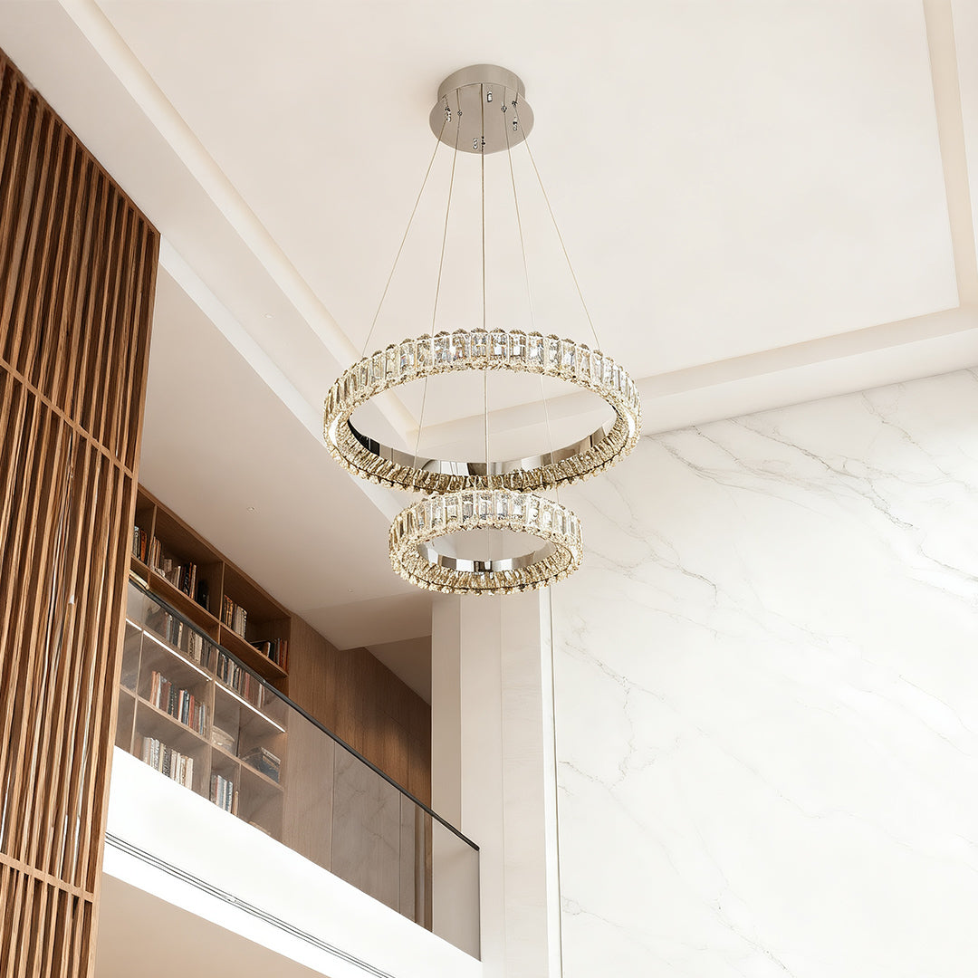 "HALCYON RINGED CEILING LUMINAIRE"  
This sophisticated fixture features a sleek, circular design that embodies minimalist luxury, casting a warm glow while enhancing the ambiance of any space.