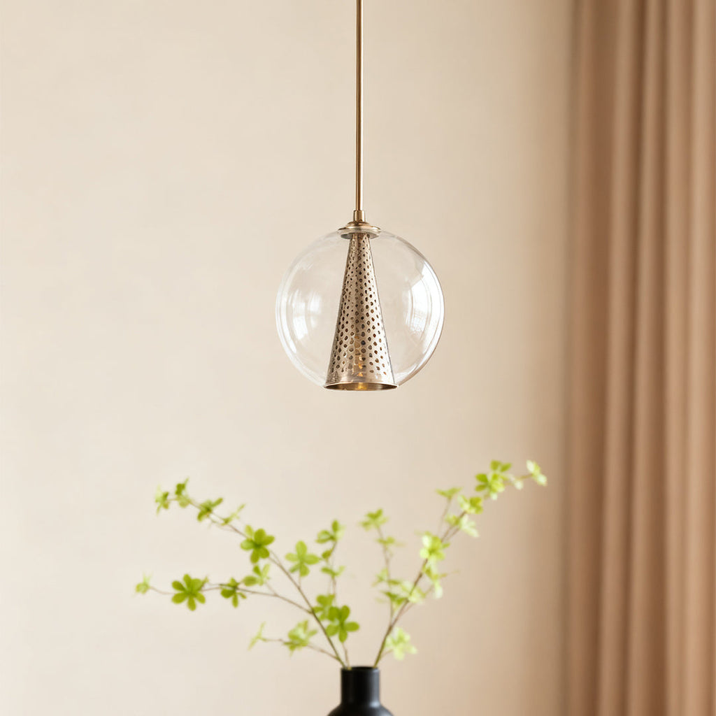 WINDSOR PERFORATED METAL CONE AND GLASS ORB PENDANT LIGHT