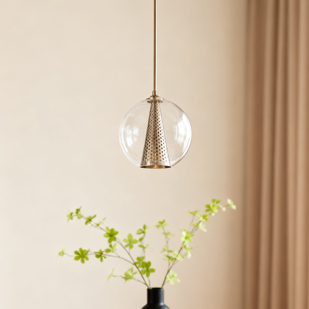 WINDSOR PERFORATED METAL CONE AND GLASS ORB PENDANT LIGHT