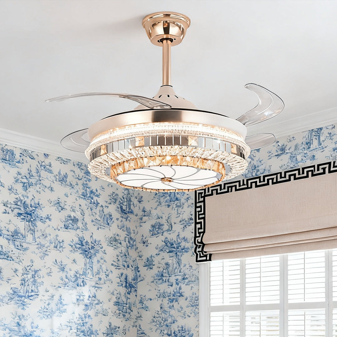 WINDSOR CRYSTAL-ENCRUSTED CEILING FAN WITH INVISIBLE LIGHTING AND FOUR BLADES