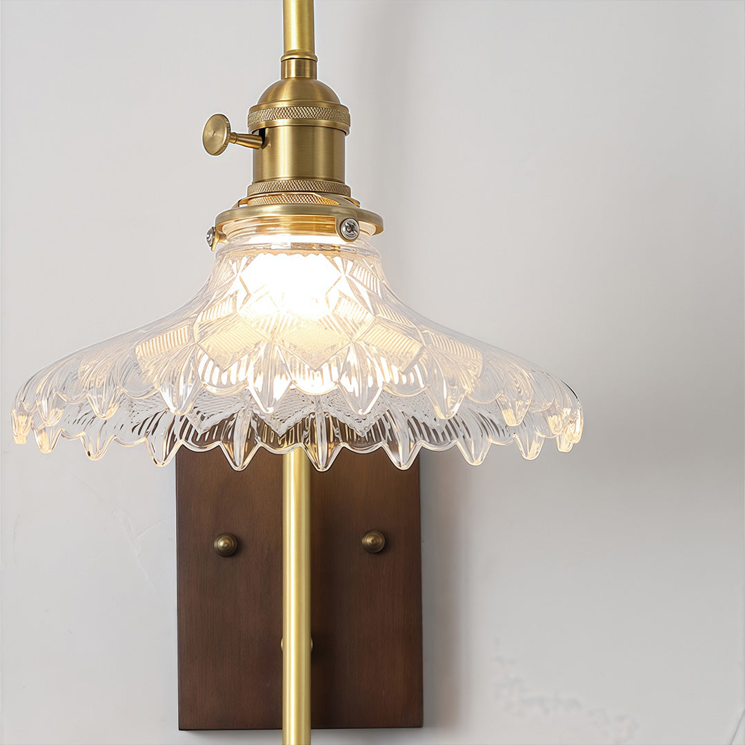 TAKASHI WAVE GLASS SCONCE WITH IRON FRAME AND RUBBERWOOD ACCENTS