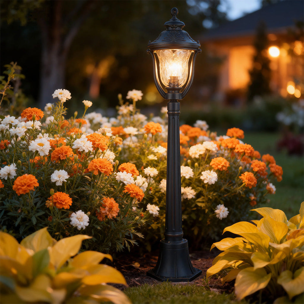 WHITBY ALUMINUM GARDEN BOLLARD WITH GLASS LANTERN SHADE