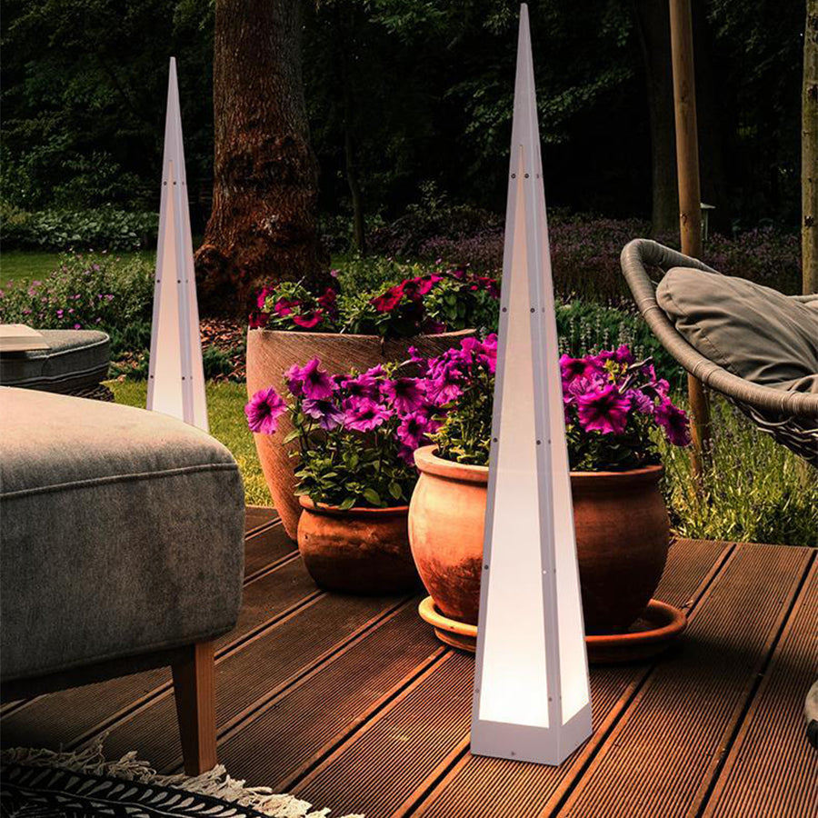 WINTHROP PYRAMIDAL STAINLESS STEEL FLOOR LAMP WITH WATER-RESISTANT DESIGN
