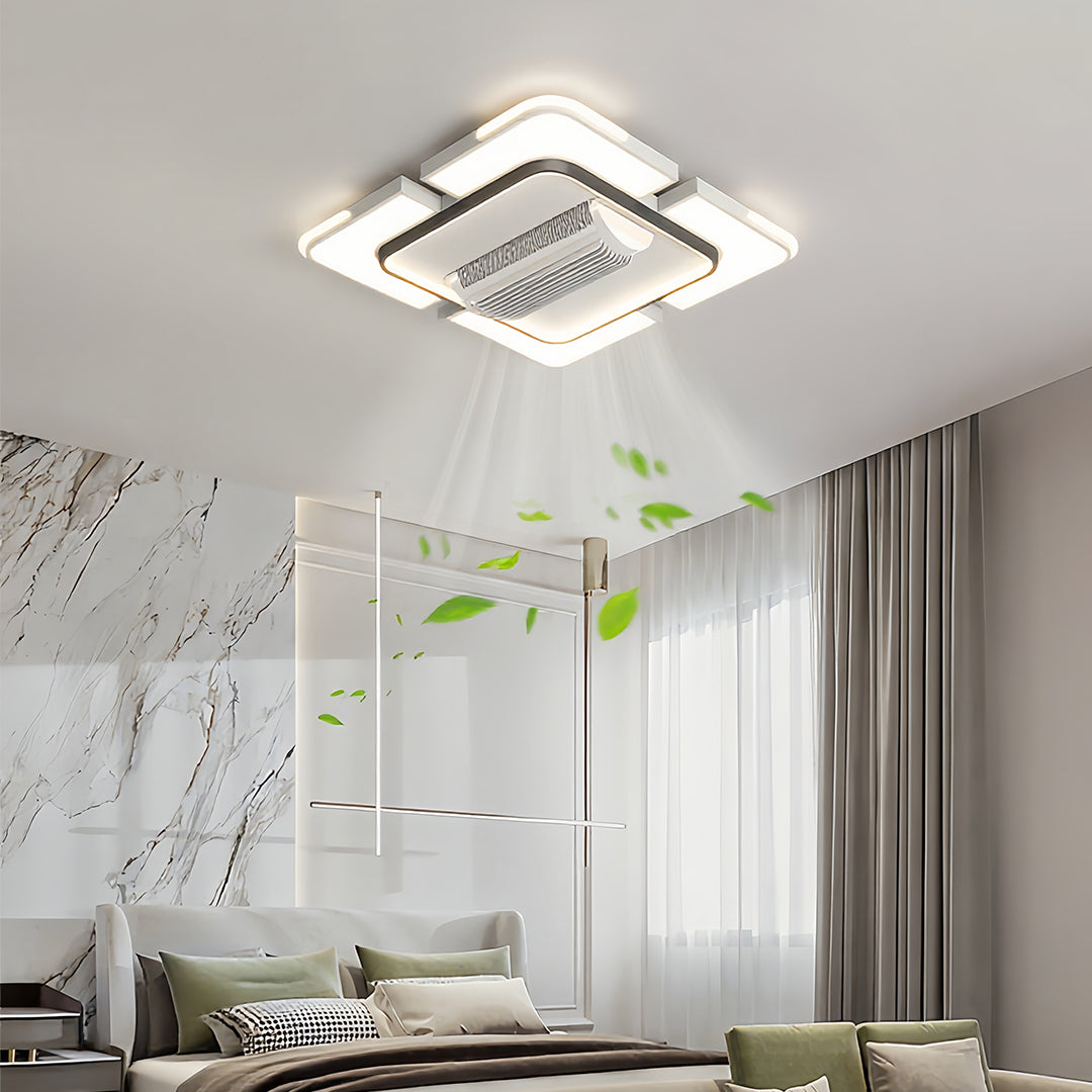 1. **WINSLOW AURORA AIRFLOW LAMP**  
   A modern bladeless ceiling fan featuring a full spectrum LED light, designed for optimal airflow and illumination.

2. **CAVENDISH LUMINAIRE CEILING FAN**  
   A sophisticated bladeless fan with integrated LED light