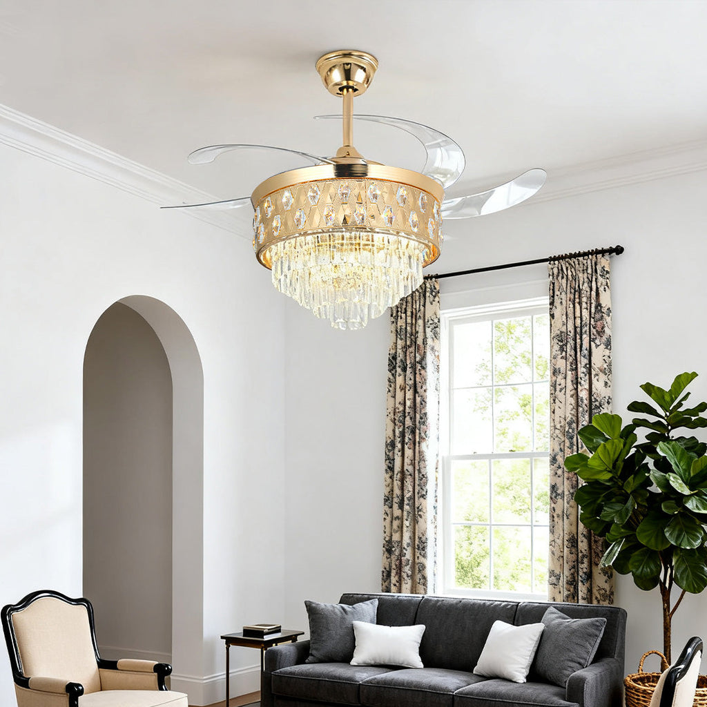 CHARLESTON CRYSTAL FROSTED CEILING FAN WITH GOLD IRON FRAME